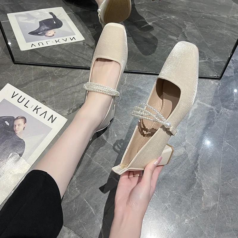 2024 Женские туфли Мэри Джейн Модные туфли на низком каблуке без застежки Женские элегантные гладиаторские туфли на высоком каблуке для улицы