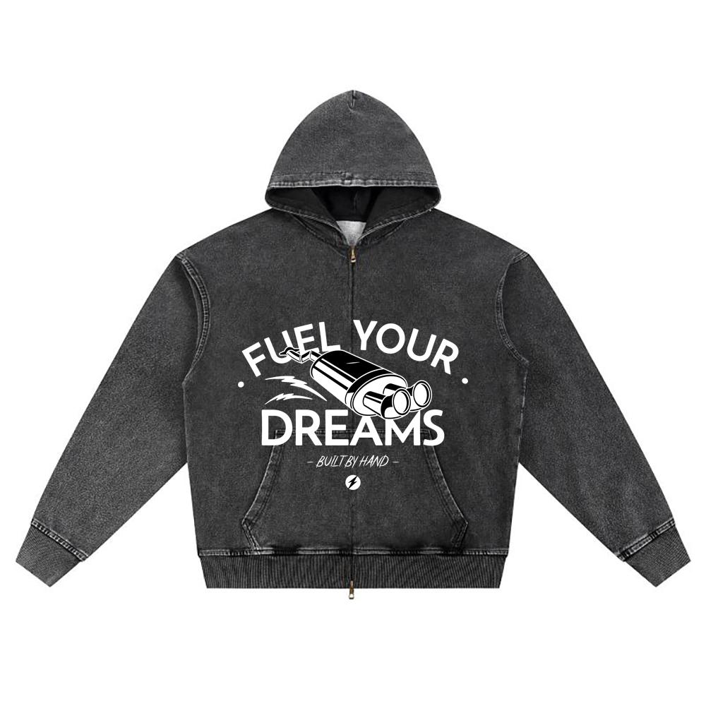 DTG Print Knitted Denim Zip-Up Hoodie Fuel Your Dreams Brother Print Zipper Hoodies