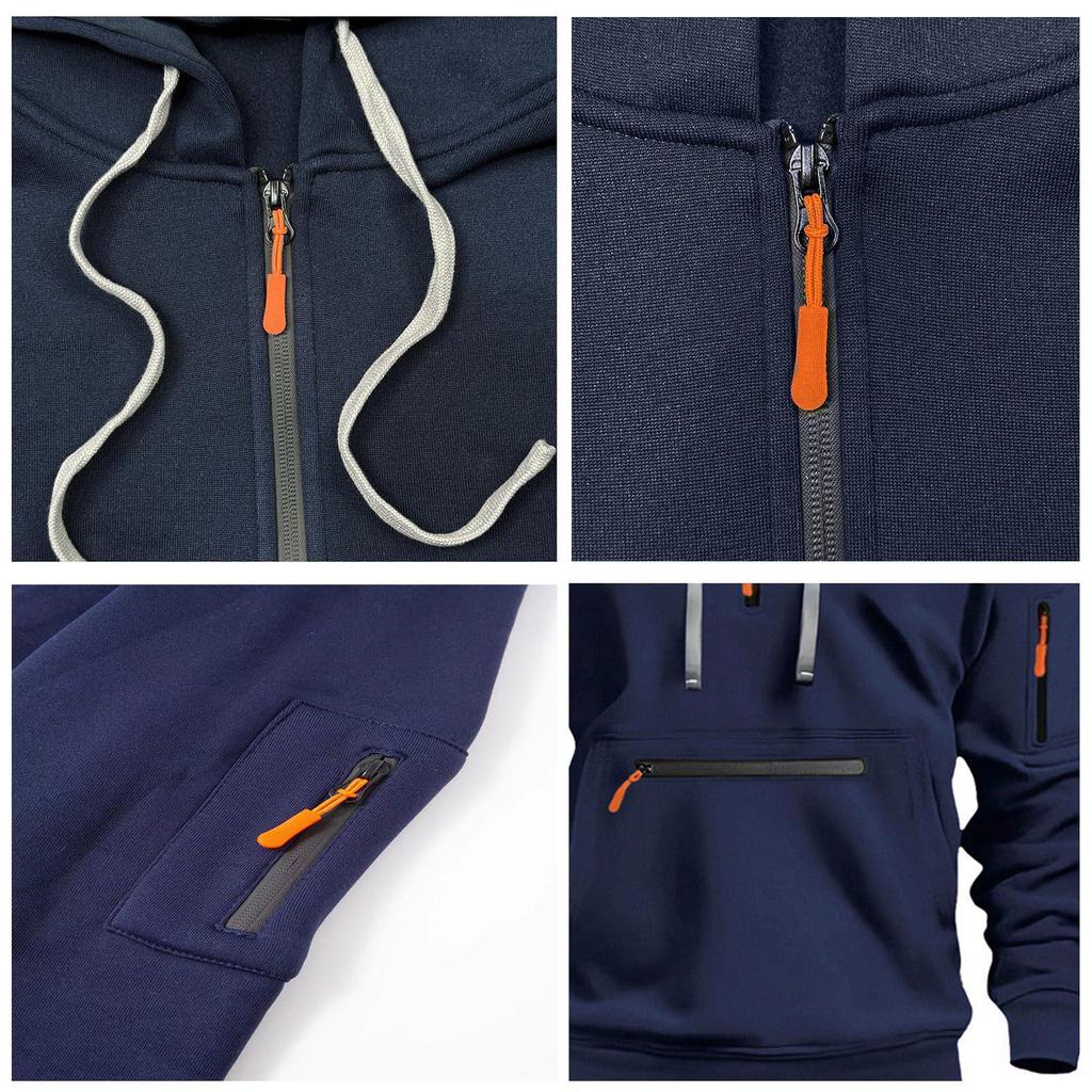 2025 Men's Multi-Pocket Zipper Hoodie Sweatshirt Set - Autumn Sportswear, Plain
