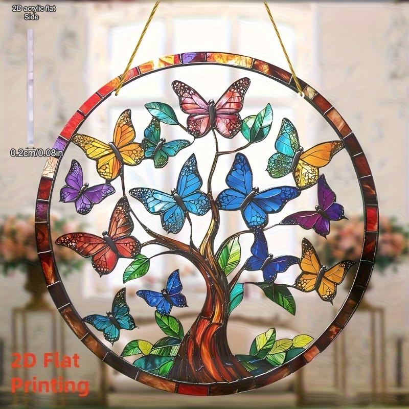 2D Flat Acrylic Tree of Life Butterfly Wall Hanging Decor with Colorful Butterflies & Sunset Design, Nurseries, Vintage Home Decor Wall for Bar
