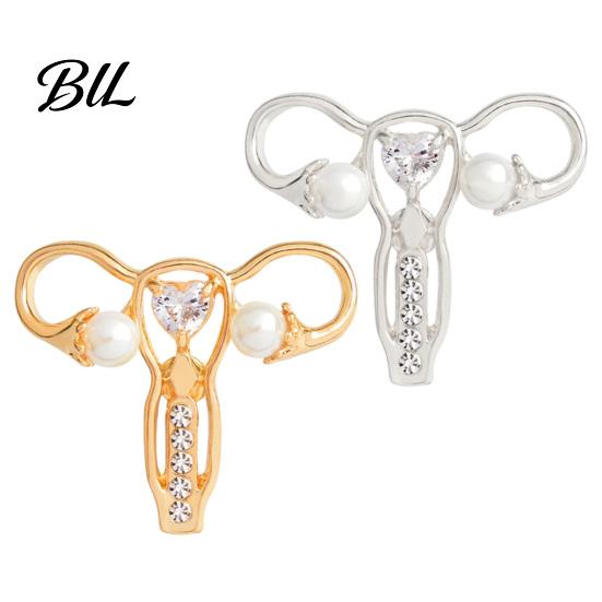 Golden Tone Brooch Uterus with Rhinestone Faux Pearl, Human Organ Lapel Pin, Female Accessory Hollow Shaped Jewelry for Coats Sweaters Scarves Body