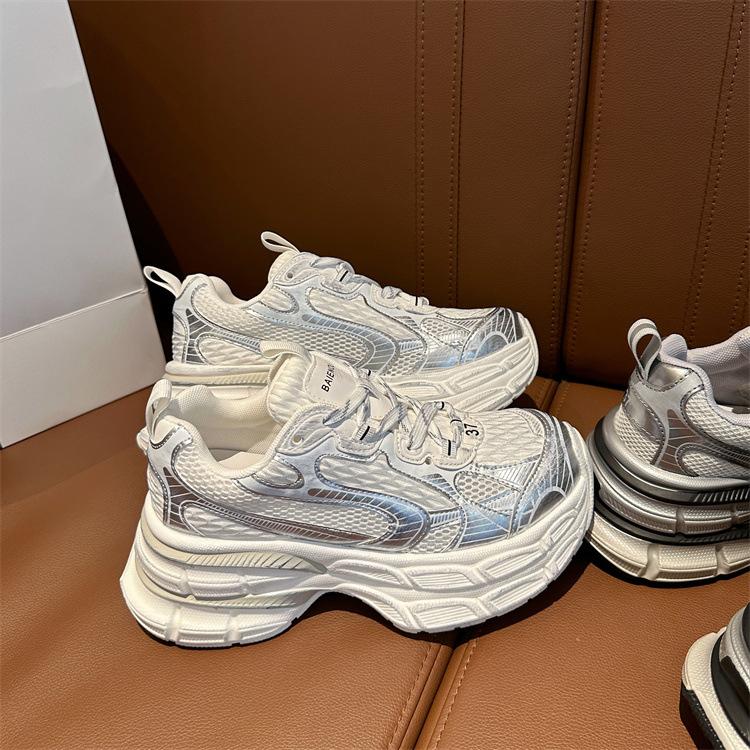 Спортивная обувь Летние серебристые толстые кроссовки Pops Shoes Женские увеличивающие рост дышащие сетчатые тонкие модели удобные классические повседневные кроссовки