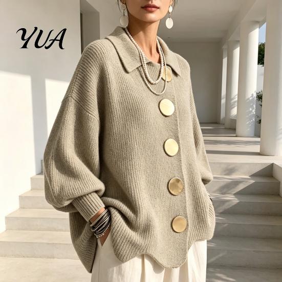 Lantern Sleeve Cardigan Women Oversized Knit Sweater, Collared Top with Large Metal Button Front Outerwear Buttons, Loose Casual Sweater for