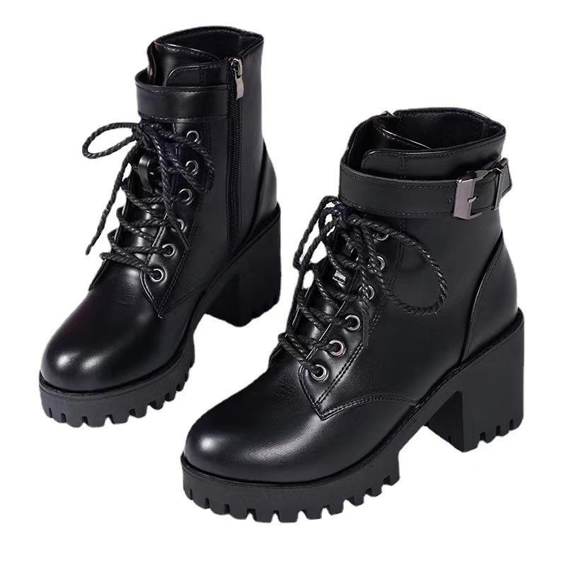 Large Size 24 Autumn New Lace-up Round Head Buckle with Thick-soled Short Tube Women's British Style Fashion Trend Martin Boots