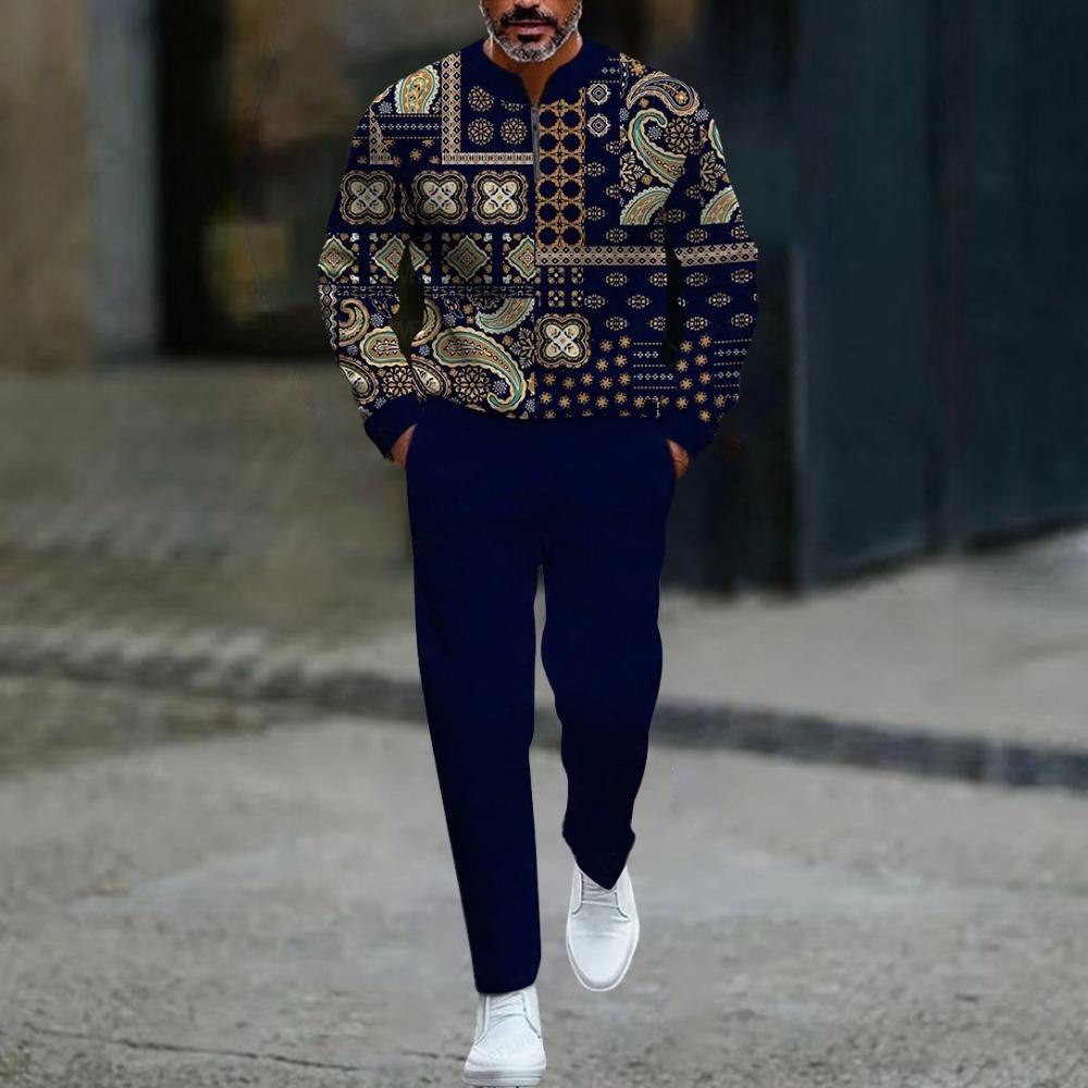 Весенне-осенние модные мужские комплекты с 3D-принтом, мужская повседневная спортивная одежда из двух предметов с воротником-стойкой на молнии