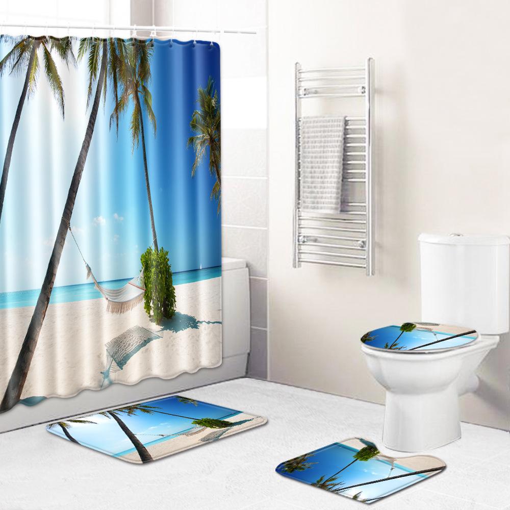 Landscape Shower Curtain Floor Mat Combination Four-Piece Set Bathroom Toilet Carpet Shower Room Mat Foot Mat