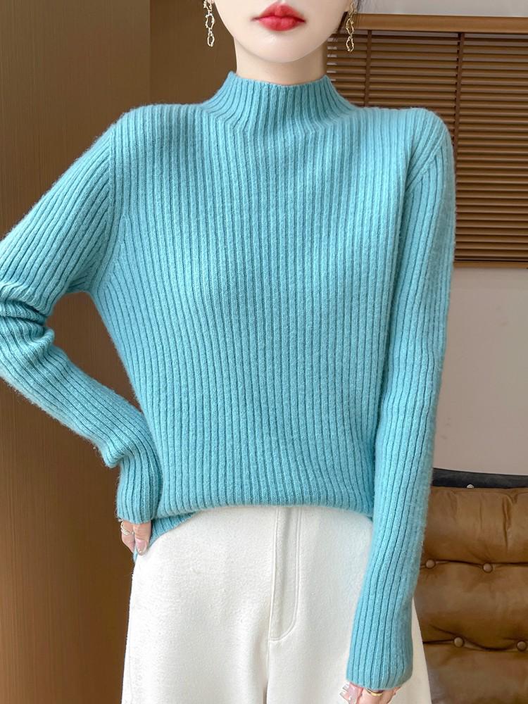 Women's Cashmere Striped Slimming Knit Sweater - Half-High Neck Autumn/Winter Base Layer