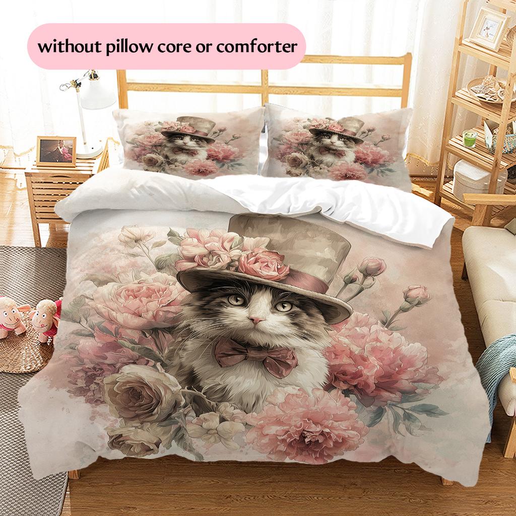 Cat with Vintage Hat Pattern Bedding Quilt Set Home Decoration Gift (1 * duvet cover + 2 * pillowcase, without core)