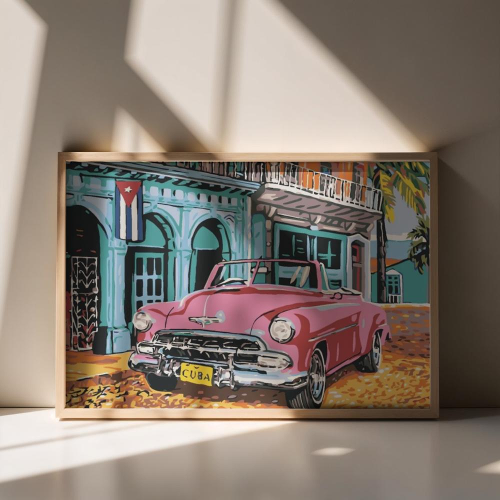 Obraz Do Malowania Po Numerach Z Ramą Różowy Kabriolet Na Kubie 70X50 Cm