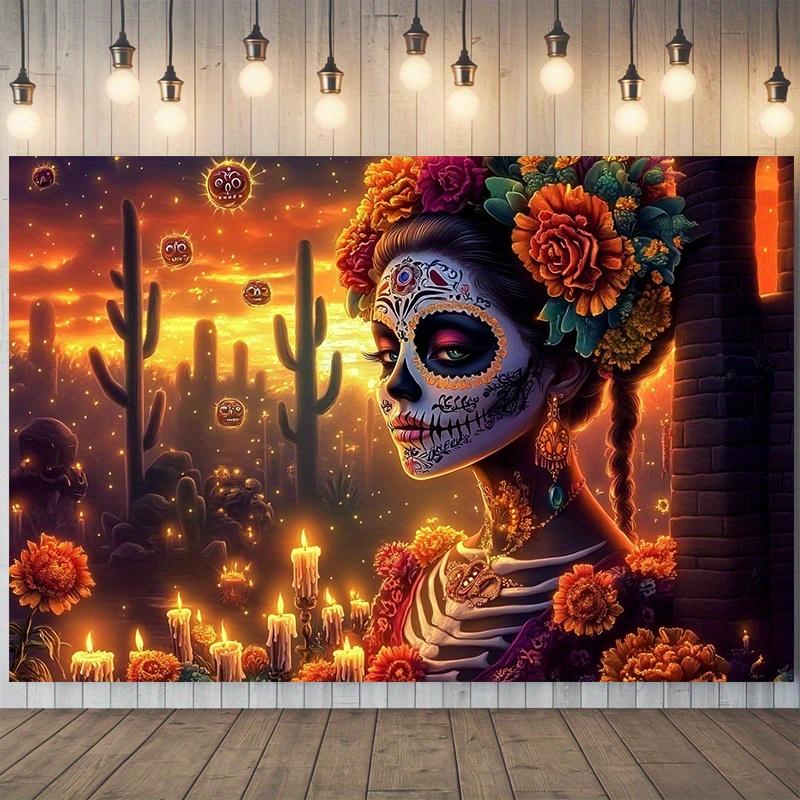 2D flat banner 1 piece 1 polyester banner of a female ghost at sunset - Vibrant Halloween wall decoration.PMJ