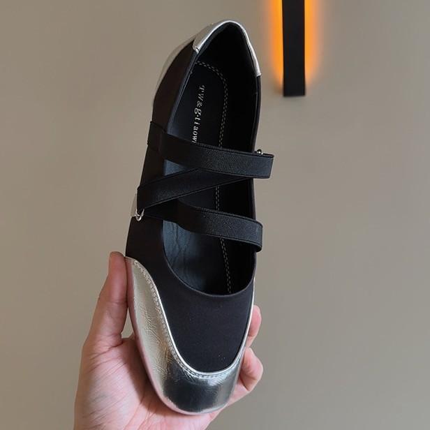 Женские туфли на плоской подошве с квадратным носком, сезонные, с мелким вырезом, туфли Мэри Джейн, балетки, эластичные, серебристые, с мягкой подошвой, одинарные туфли