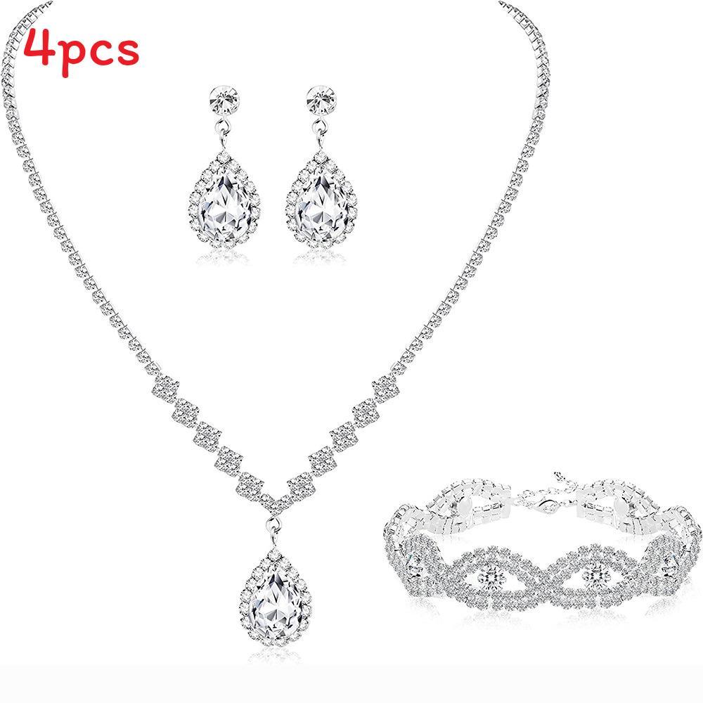 Bridal Party Jewelry Set With Zircon Water Drop Necklace Earrings And Bracelet For Weddings