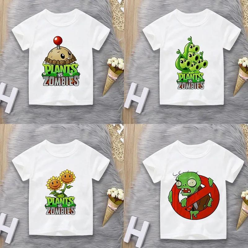 Летняя футболка с принтом Plants Vs Zombies, повседневная, для мальчиков и девочек, с коротким рукавом, для учеников средней школы, семейные matching-outfits