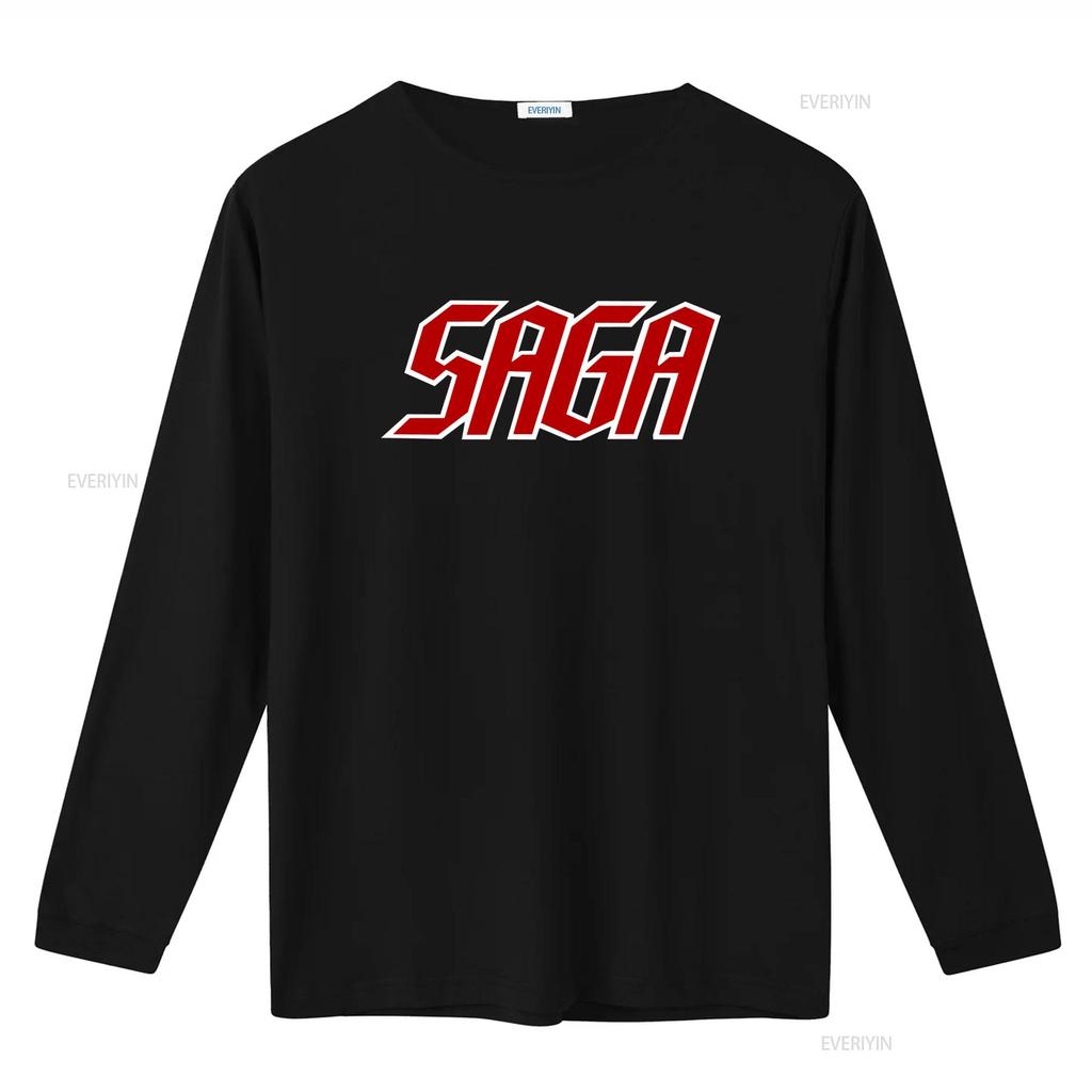 Saga Band Logo Black T Shirt All Sizes Available Bold Red White Design for Music Fans Comfortable Cotton Fabric Perfect