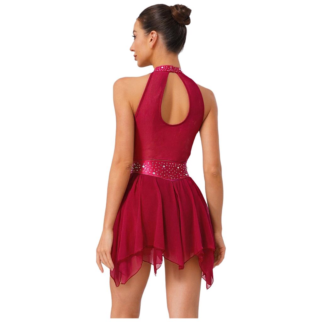 Womens Lyrical Dance Dress Ruched Metallic Mesh Rhinestone Detail Irregular Hem Sleeveless Backless Built In Briefs Leotard