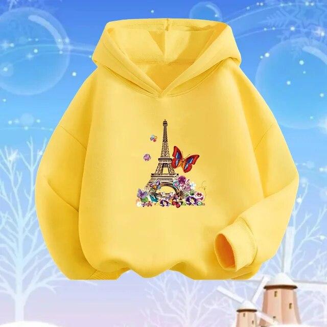 Модные толстовки с принтом Эйфелевой башни в Париже для девочек, осенние и зимние тонкие уличные пуловеры с длинными рукавами
