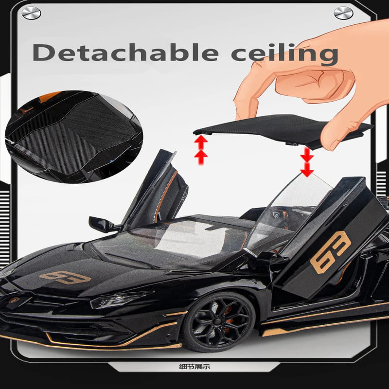 1/18 Aventador SVJ 63 Модель гоночного автомобиля из литого металла Коллекция игрушек Звук и свет Съемная отсоединяемая имитация Детский подарок