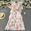 Spring Sweet Elegant Maxi Dresses for Women O-neck Long Puff Sleeve Floral Print Autumn Vacation Chiffon Ladies Dress