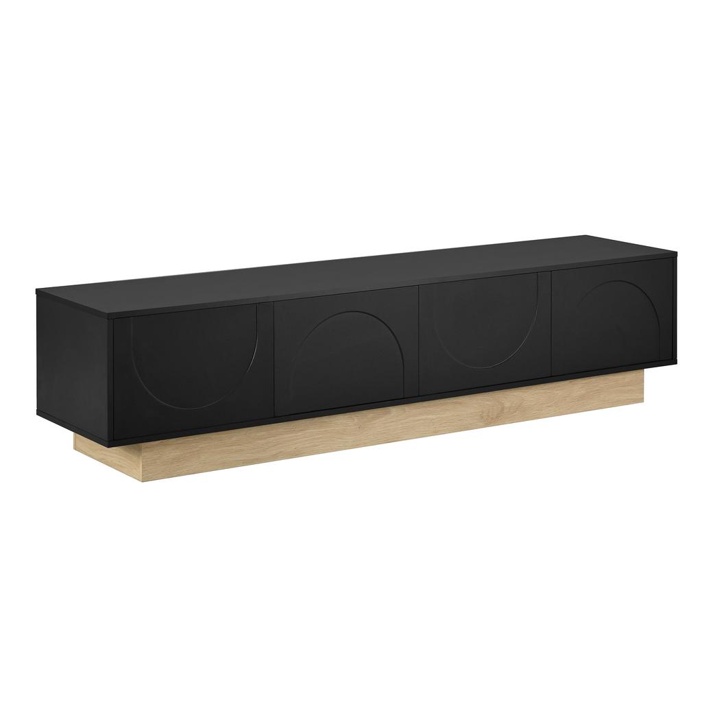 Modern Black TV Stand with Wood Grain – 175 cm – Minimalist, Curved Design – Plenty of Storage Space and Cable Management