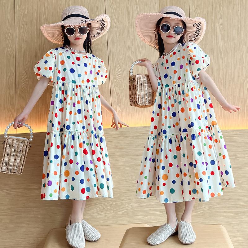 Fashion Summer Girls Dress Dot Beach Long Dress For Girl Bohemia Children Princess Loose Dresses Costume Teen 8 10 12 14 Y