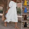 Women's Summer Midi Dress Short Lantern Sleeves Crew Neck Linen Dress Loose Casual Boho Beach Sundress