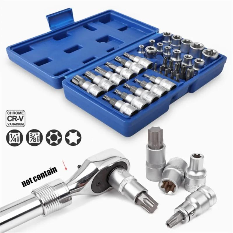 New 34pcs Bit Socket and E-Torx Star Socket Set 1/4" 3/8" Drive Male Female E-torx Security Bits Handheld Tool Auto Repair Tool