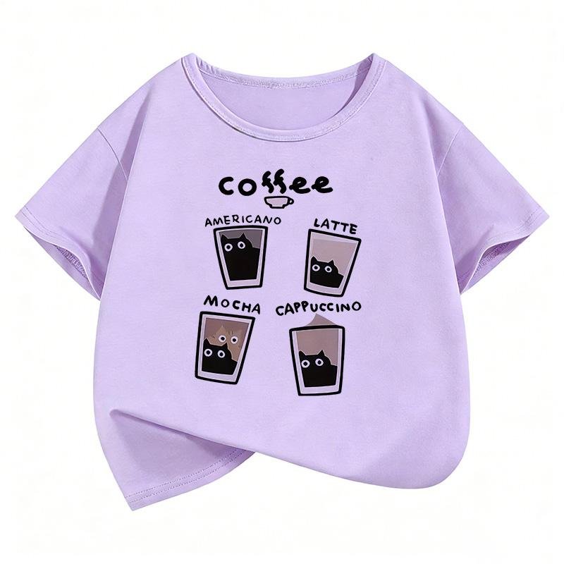 Coffee Cat Graphic Kids Tshirts Summer Short Sleeve Tees Cartoon Boys Girls Clothes Kawaii Tops Y2K Children Tshirt