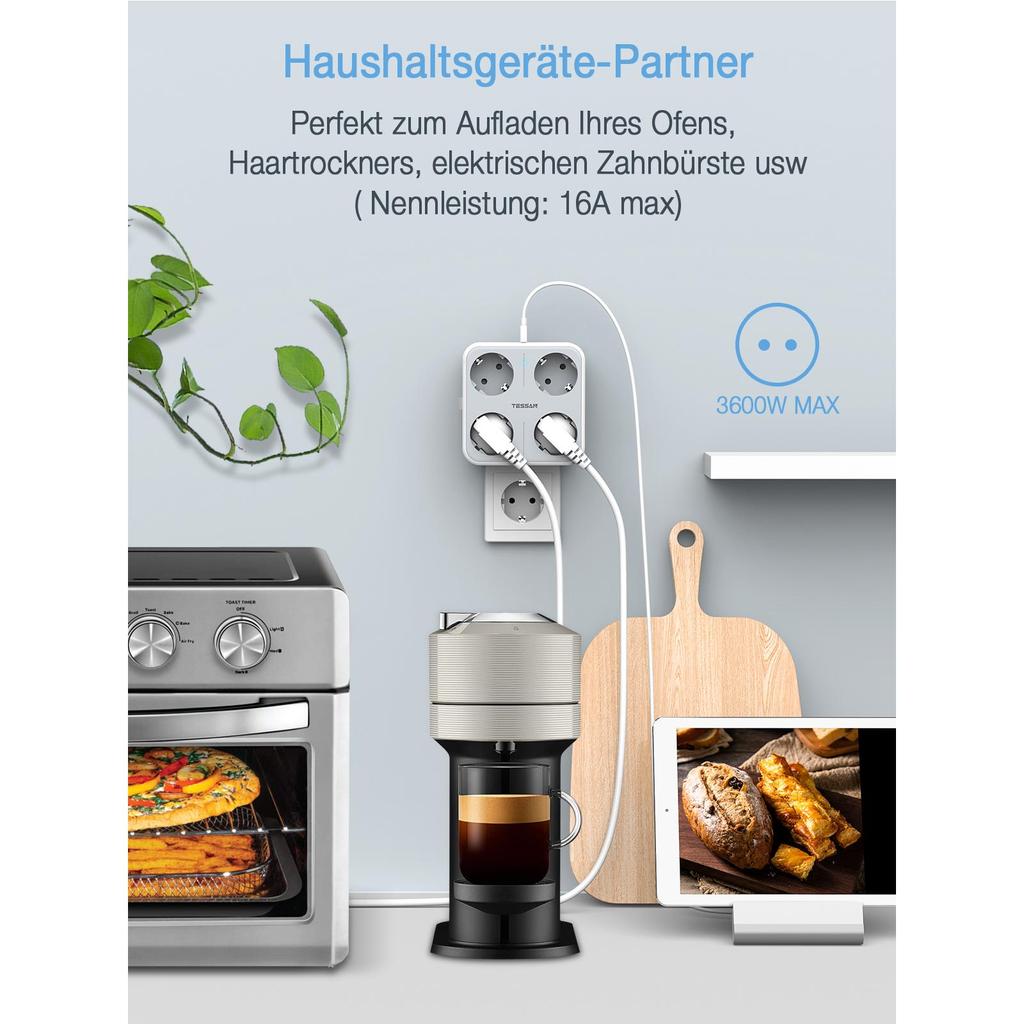 Tessan Europe USB Sockets Power Strip with 2/3 USB Ports 2/4 AC Outlets Wall Socket Adapter for Smartphone, Laptop, Camera