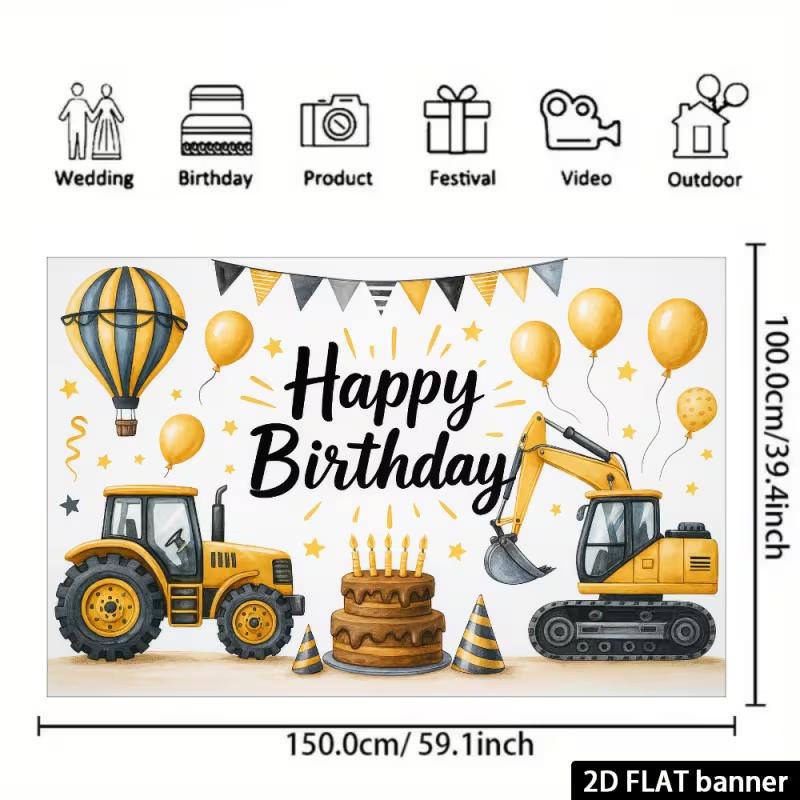 2D Construction Party Backdrop - Excavator & Tractor Banner for Kids Engineering Themed Photoshoot