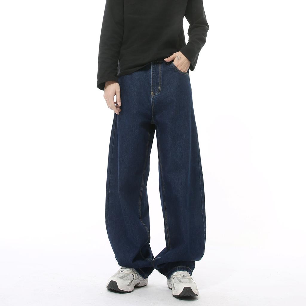 Men's Korean Style Simple Wide Leg Jeans with 3D Curved Blade Wash, Four-Season Casual Trendy Pants