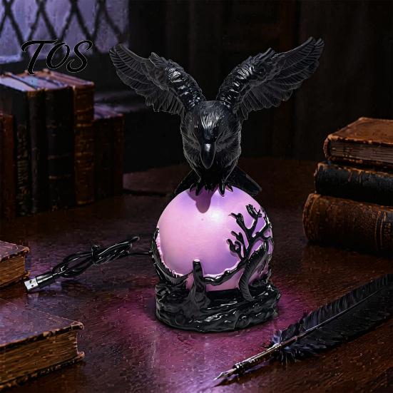 Halloween Party Decor Gothic Crow Lamp, with Purple Light Ball, Resin Night Light, Home Decoration USB Powered Dark Style Statue for Bedroom