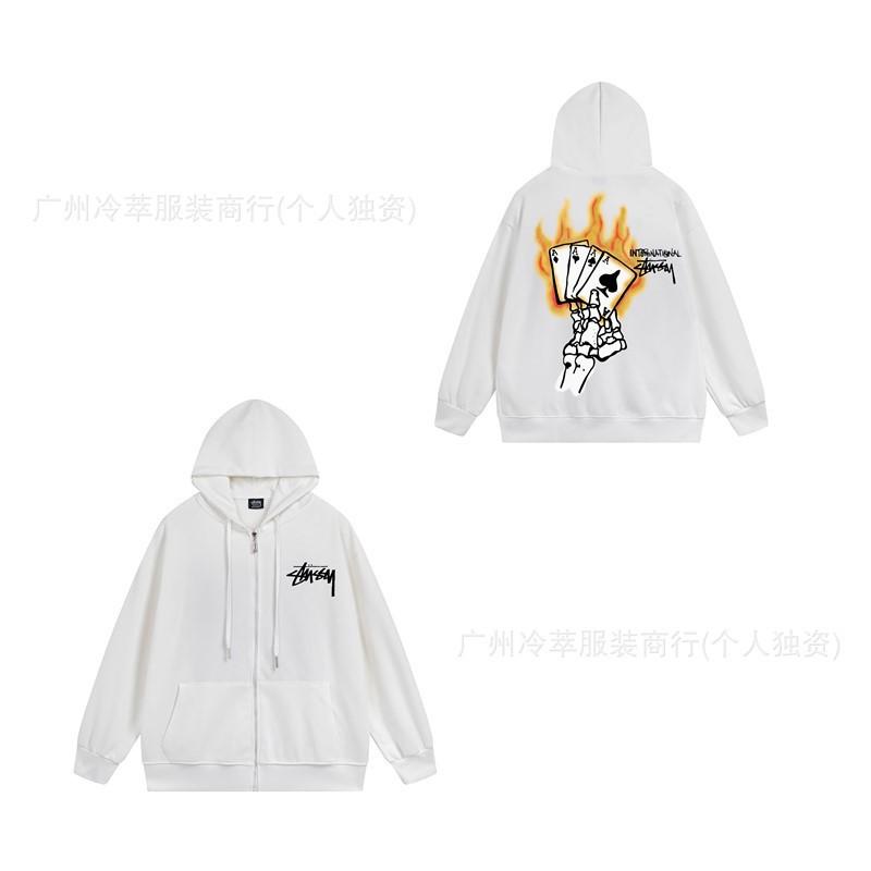 Unisex Hooded Zip-Up Fleece-Lined Sweatshirt With Letter Print Loose Fit Cotton Long Sleeve Men Women