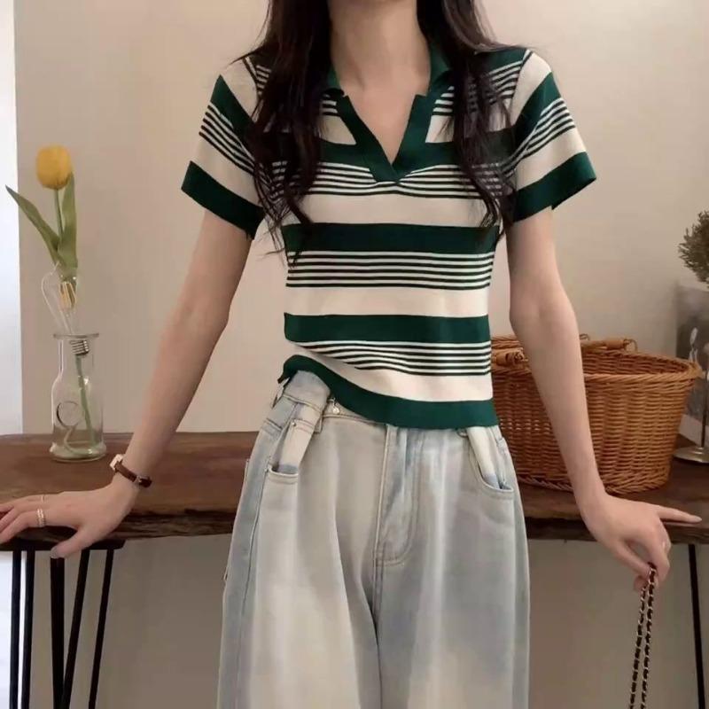 Дизайнерский смысл, нишевый летний свитер с воротником-поло, полосатой футболкой с короткими рукавами, короткий трикотажный топ из ледяного шелка для женщин