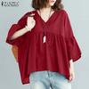 ZANZEA Women's Summer Casual V-Neck 3/4 Bell Sleeves Pleated Solid Color Loose A-Line Blouse