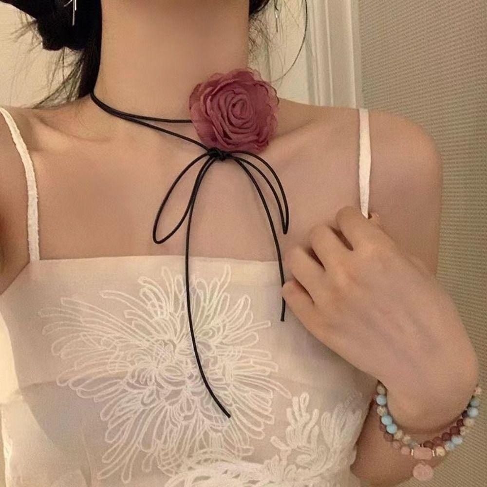 Adjustable Rose Flower Choker Long Rope Romantic Necklace Wedding Necklace for Wedding Party
