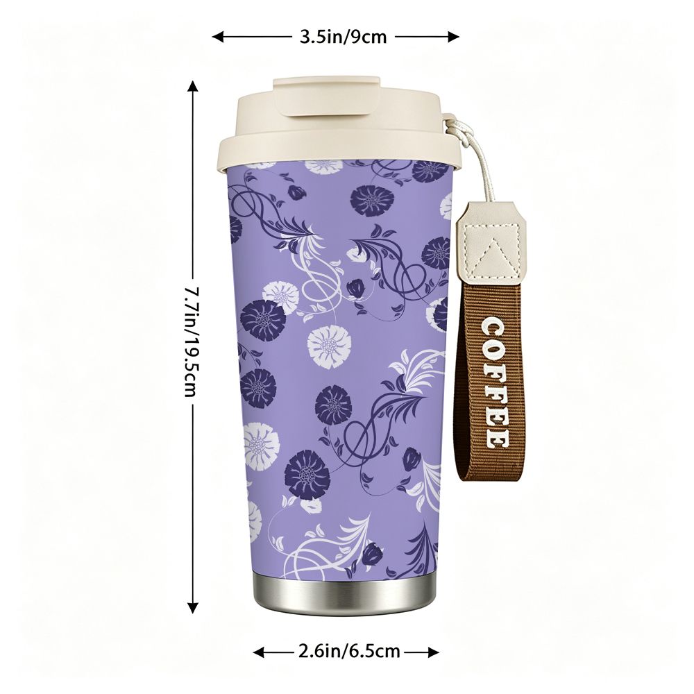 Floral Purple Aesthetic Print Insulated Coffee Tumbler Stainless Steel Vacuum Travel Mug,Reusable Leakproof Thermal Cup for Office School Gift