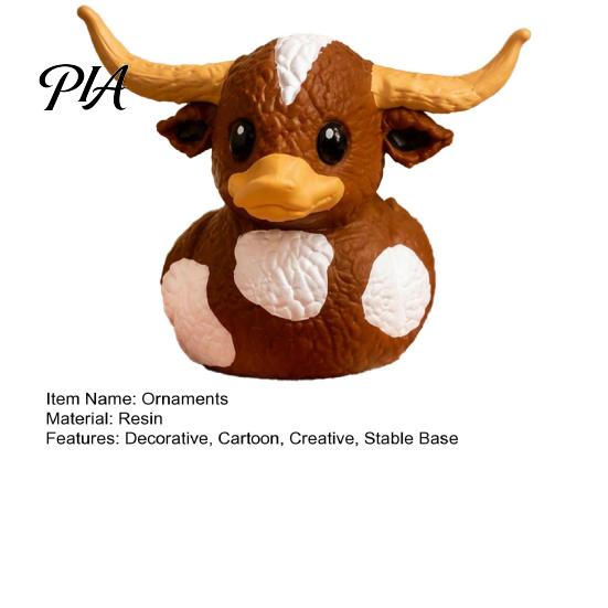 Fun Home Soft Furnishings Longhorn Calf Duck Resin Ornament, Country Style Cow Figurine for Office Shelf Display Desktop Decorative Animal Statue And