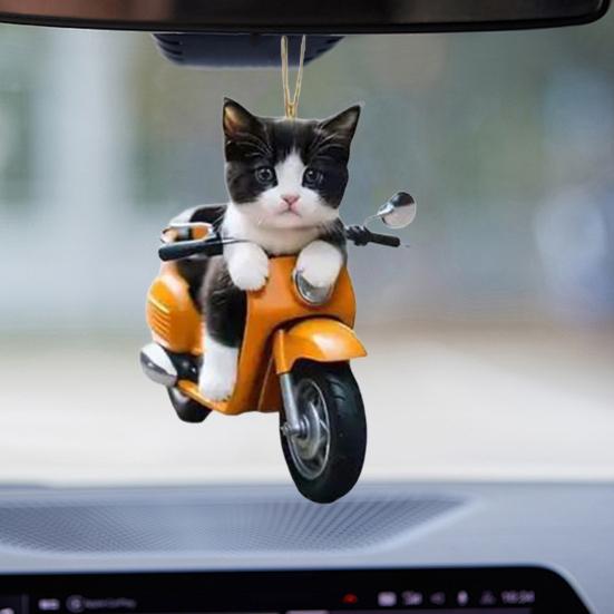 Motorcycle Cat Pendant Car Ornament with Lanyard Easy To Hang Rearview Mirror Hanging Ornament Kitty