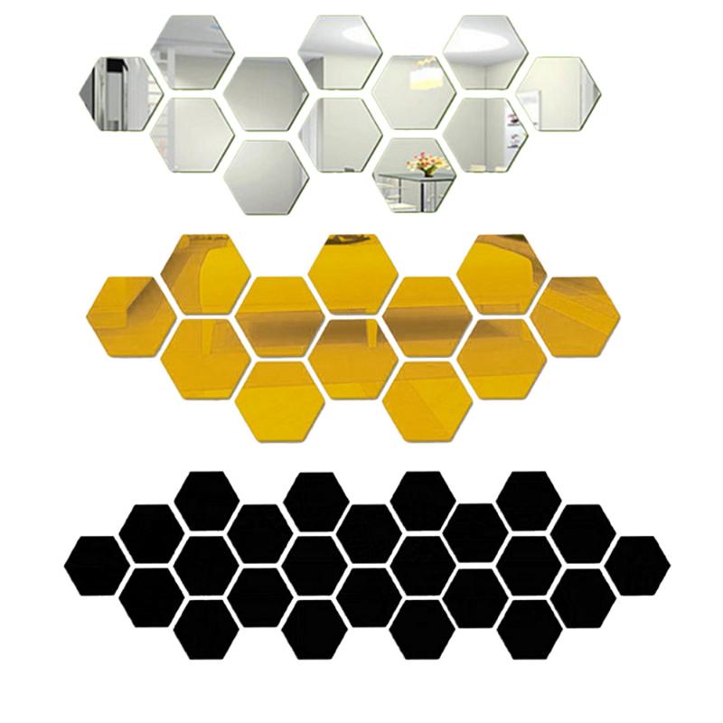 12Pcs 3D Hexagon Acrylic Mirror Wall Stickers DIY Art Wall Decor Stickers Living Room Mirrored Sticker Gold Home Decor
