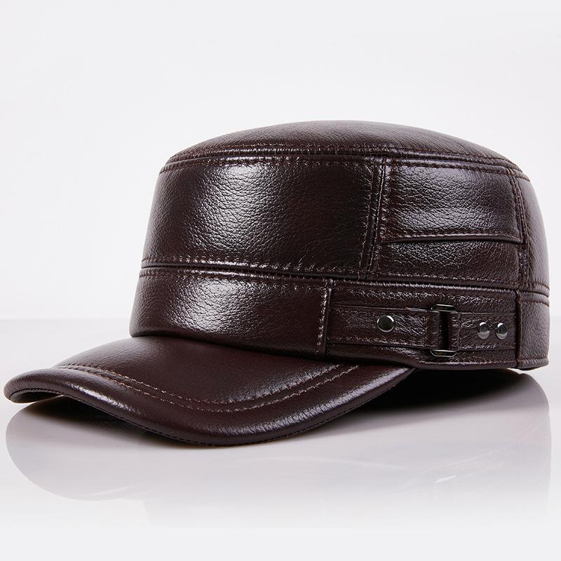 Spring Fall And Winter Middle-aged And Elderly People Warm Leather Elderly Hat Men's Ear Protection Cowhide Flat Top Duck Tongue Cap