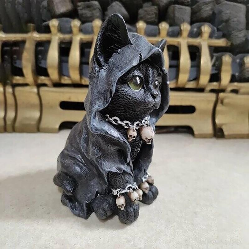 New Cat Statue Witch Grim Reaper Decorative Resin Black Cloak Grim Reaper Feline Micro Decor Garden Home Office