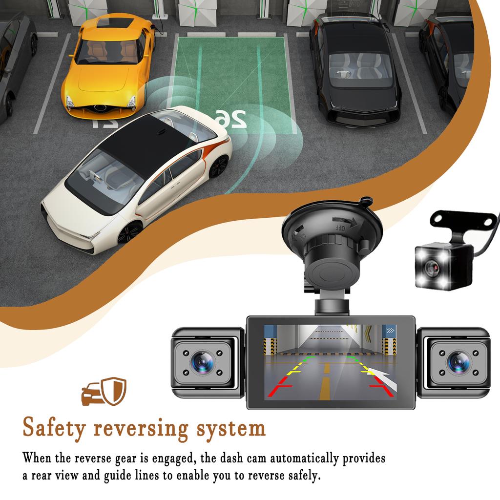 3-inch IPS 4-lens 1080P HD car dashcam with night vision, G-sensor, loop recording, motion detection, parking monitoring, 12V ci