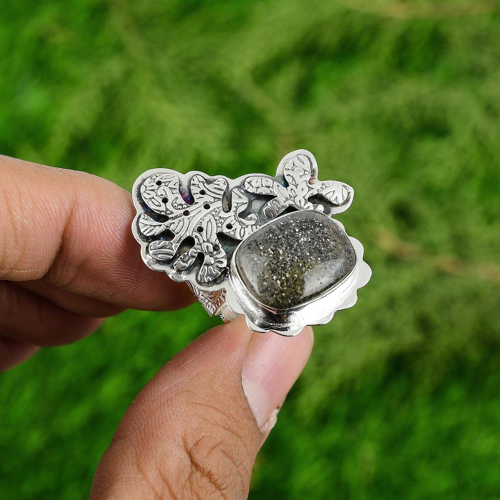 Womens day Deal Natural Black Sunstone Statement Ring Jewelry Sterling Silver