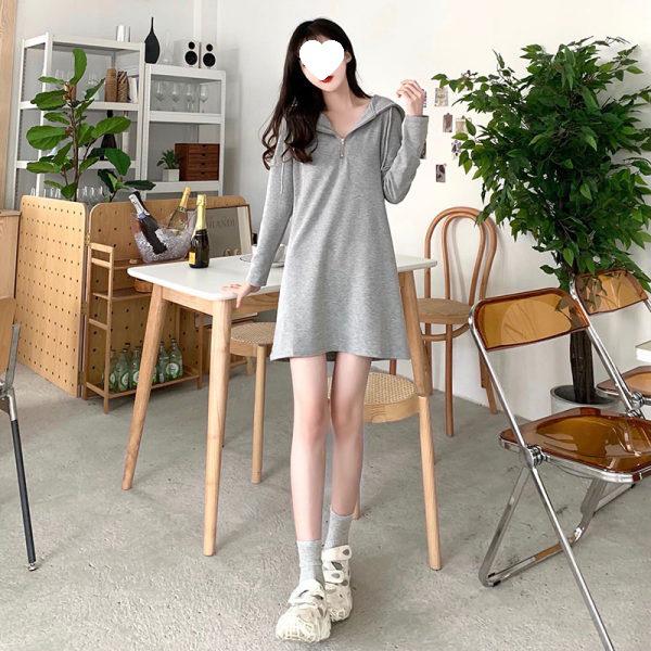 Plus Size Women's Zip-Up Hooded Sweatshirt Dress - Long Sleeve, Mid-Length, Loose Fit, Suitable for Spring & Autumn