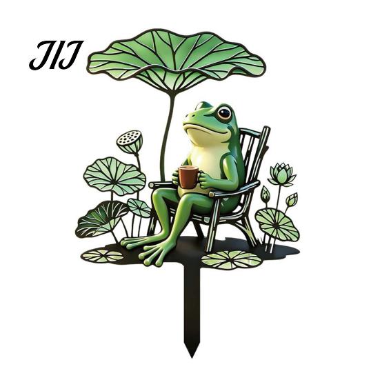 Decorative Outdoor Yard Art Metal Garden Stake, Cute Frog Lotus Leaf/Mushroom/Birds on Tree Branch Gardening Gifts for Women Sign, Lawn Ornament