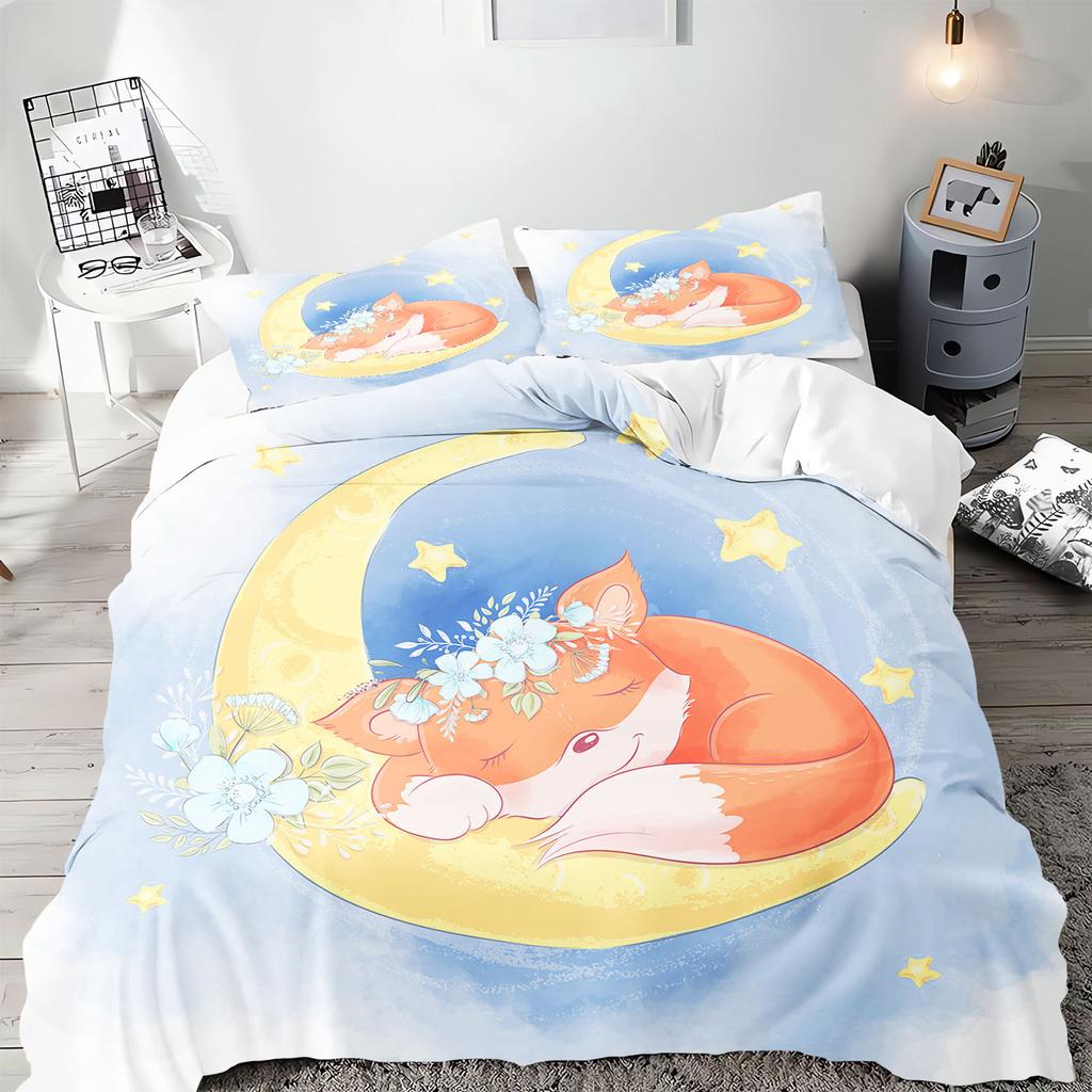 Аниме Мультфильм Животное Лиса Пододеяльник Постельное белье Наволочка С принтом Детский и Взрослый Набор Размер Квин Реактивная печать Одеяло