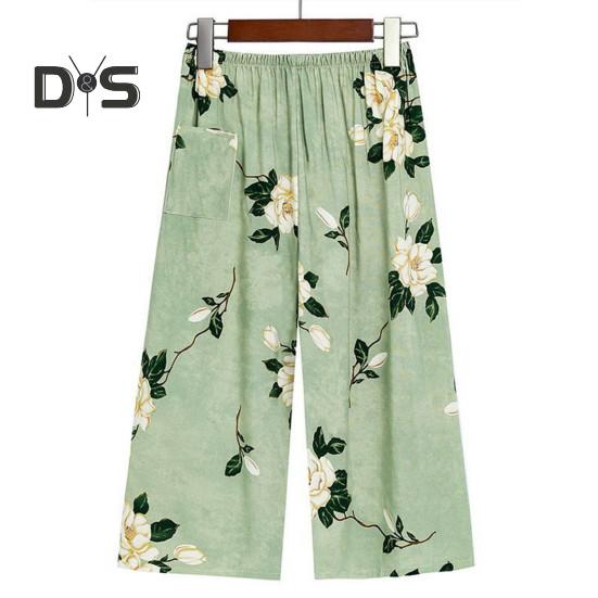 2 Pcs/Set Women Vest Pants Set Flower Print Round Neck Sleeveless Loose Pleated Elastic Waist Wide Leg Casual Homewear Mid Aged Mother Pajamas Set