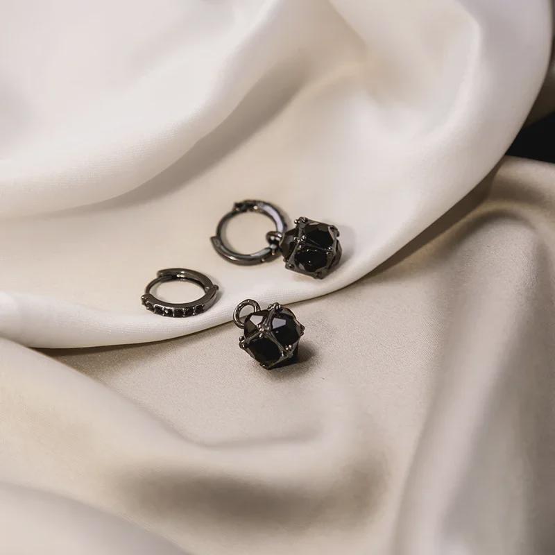 High-End Retro Black Zircon Geometric Earrings In Dark Style