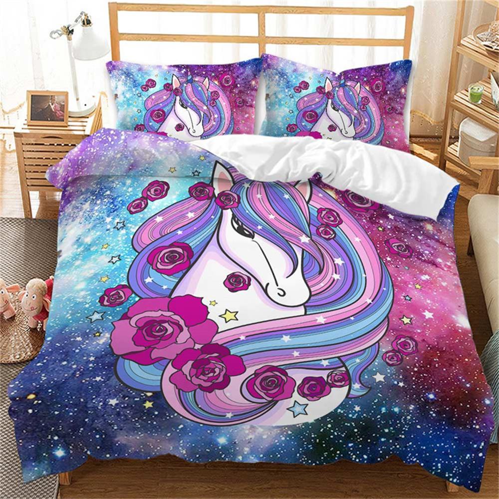 Colorful Luminous Unicorn Print Bedding Set 3D Cartoon Animal Pattern Duvet Cover Bedroom Decor With Pillowcases For Girls Gift