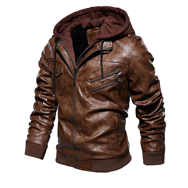 Men's PU Washed Leather Jacket Large Size Leather Jacket Hooded Fake Two-piece Jacket